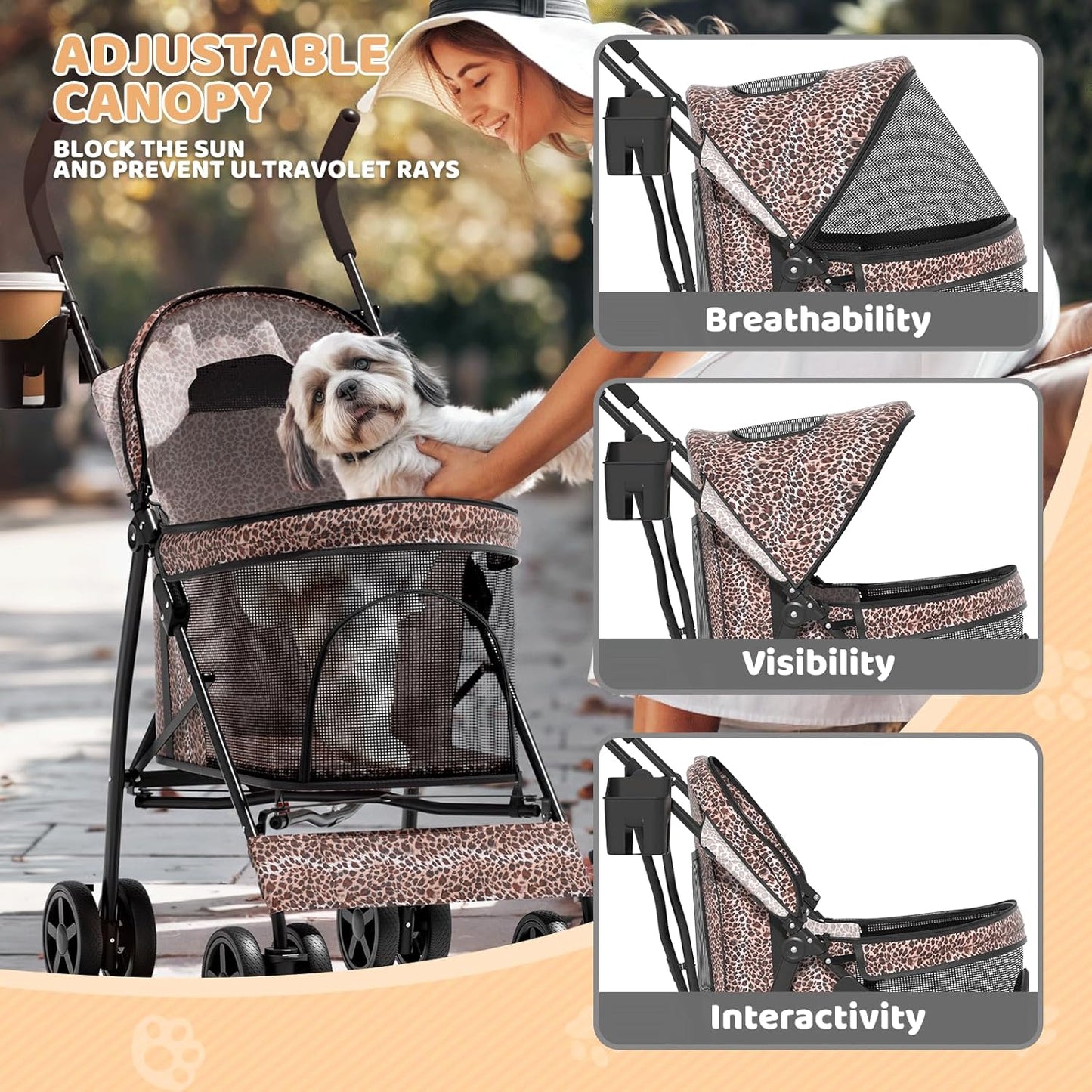 Magshion Compact Pet Stroller for Small-Medium Dogs/Cats up to 22lbs, 4-Wheel Lightweight Umbrella Shaped Portable Puppy Travel Jogger with Breathable Mesh, Cup Holder & Rear Storage, Leopard Print