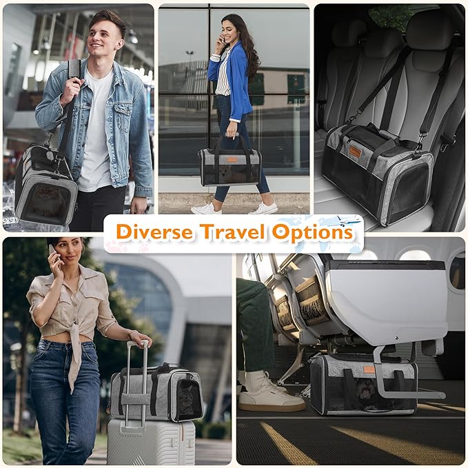 PETUX TSA Approved Pet Carrier in Cabin, 17"x11"x9.5" Soft Cat Carriers for Small Cats up to 12 lb, Top-Open Portable Dog Carrier with Litter Box and Anti-Scratch Mesh for Puppy up to 10 lb (Grey)