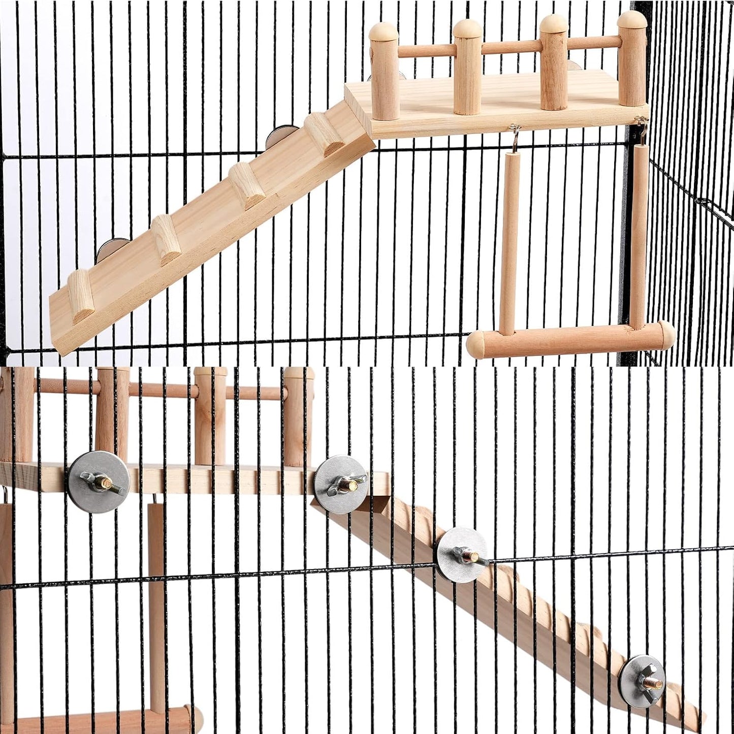 Bird Perches Platform Swing with Climbing Ladder, Parakeet Cage Accessories Wooden Playing Gyms Exercise Sturdy for Small Birds
