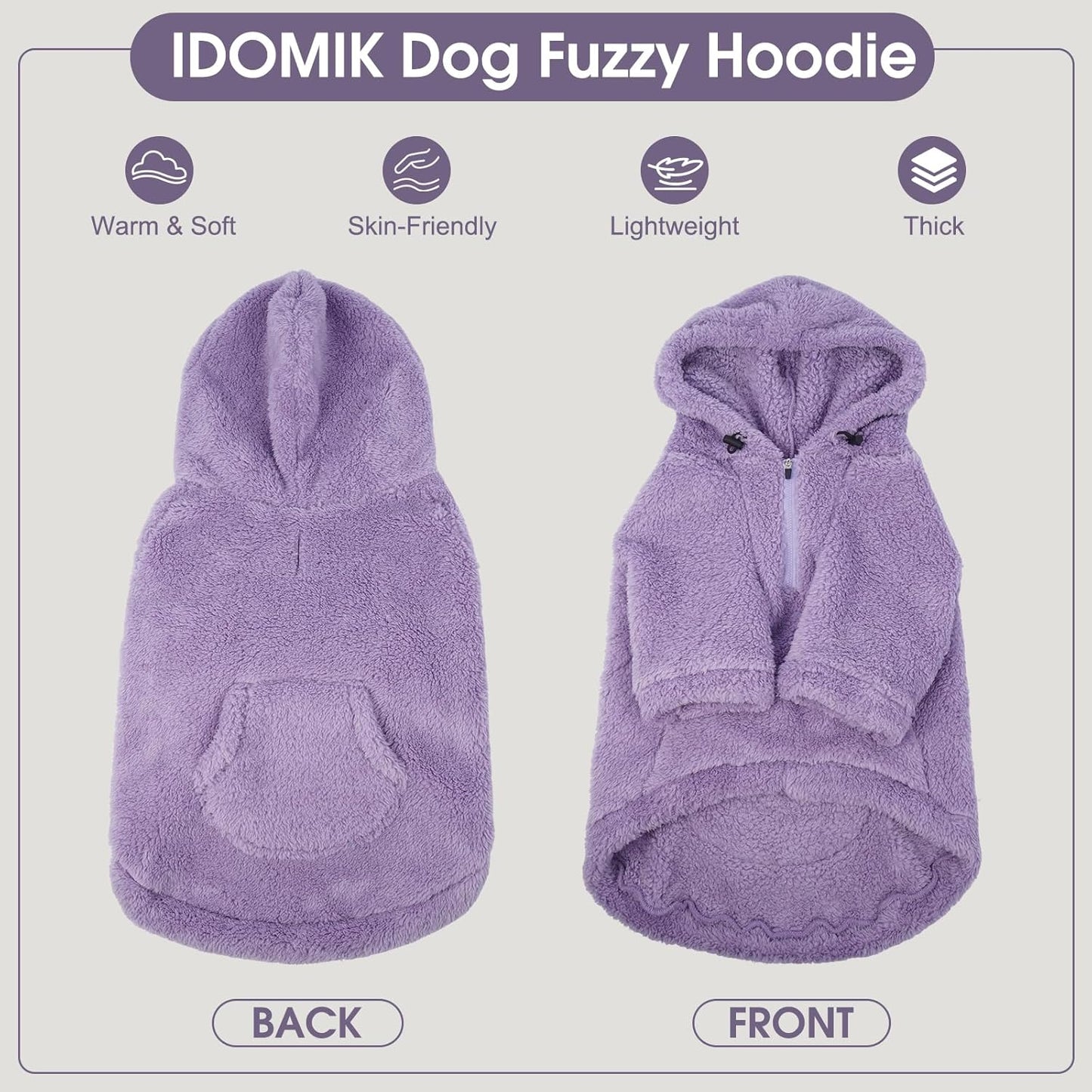 IDOMIK Fuzzy Dog Sweater with Adjustable Hood, Warm Fleece Dog Sweater Hoodie with Harness Hole & Pocket, Pullover Sweaters for Small Dogs, Fuzzy Hooded Sweatshirt for Fall Winter Christmas,Purple,S