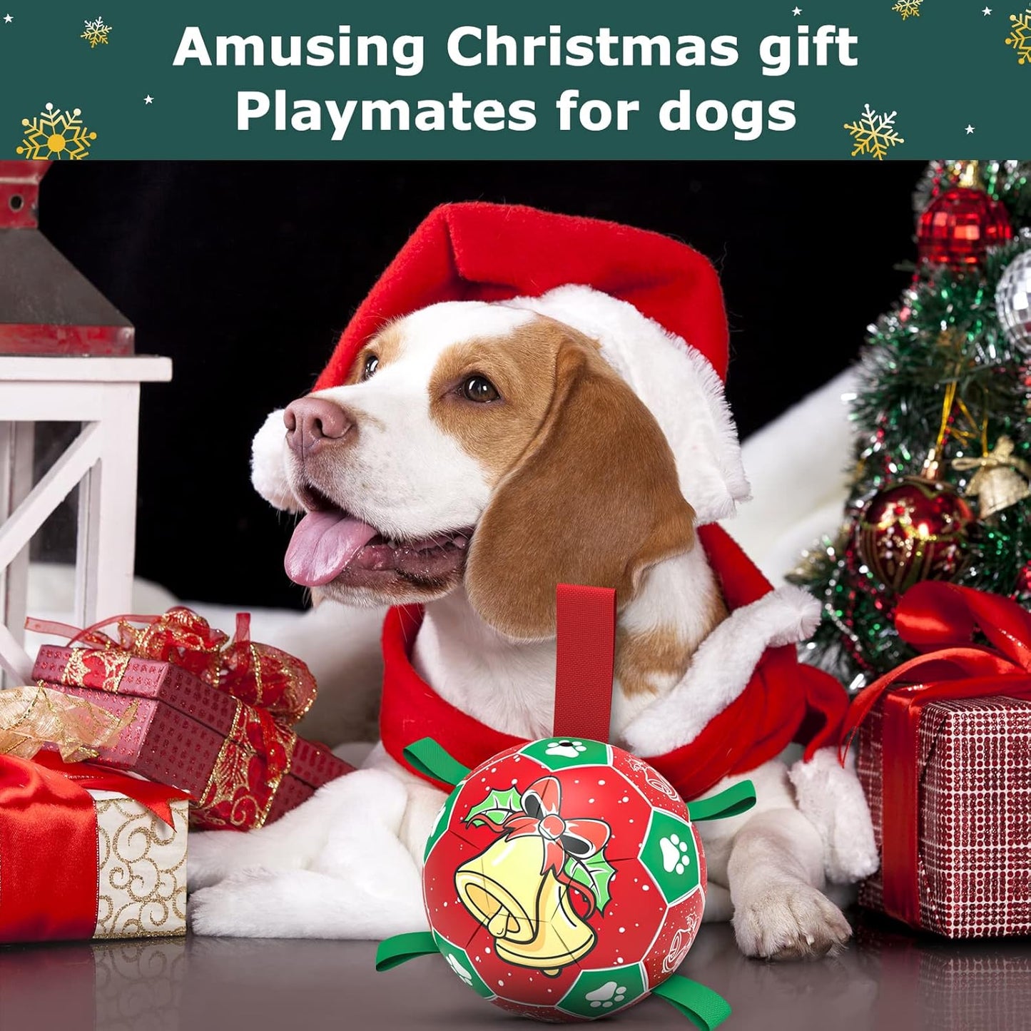 QDAN Christmas Dog Soccer Balls with Straps, Interactive Toys for Tug of War, Puppy Birthday Gifts, Durable Balls for Medium Large Dogs (8 Inch)