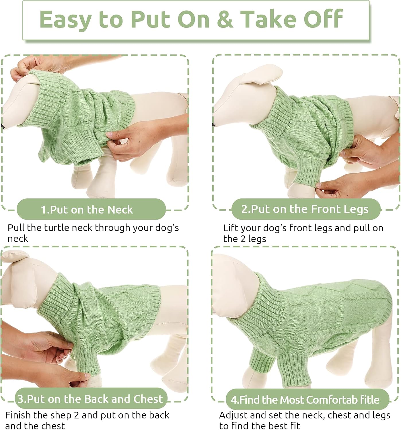 Queenmore Small Dog Pullover Sweater, Cold Weather Cable Knitwear, Classic Turtleneck Thick Warm Clothes for Chihuahua, Bulldog, Dachshund, Pug, Yorkie (Green, Large)