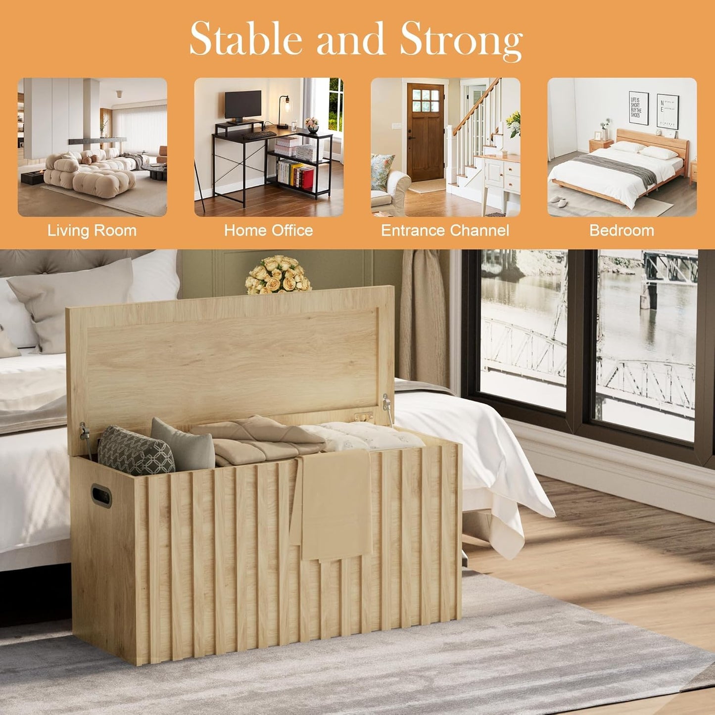 UEV Storage Bench,39.4" Wood Box, Storage Trunk with 2 Safety Hinges, Ottoman Storage Chest, Fluted Storage Bench for Bedroom, Entryway, Living Room (Ivroy White)