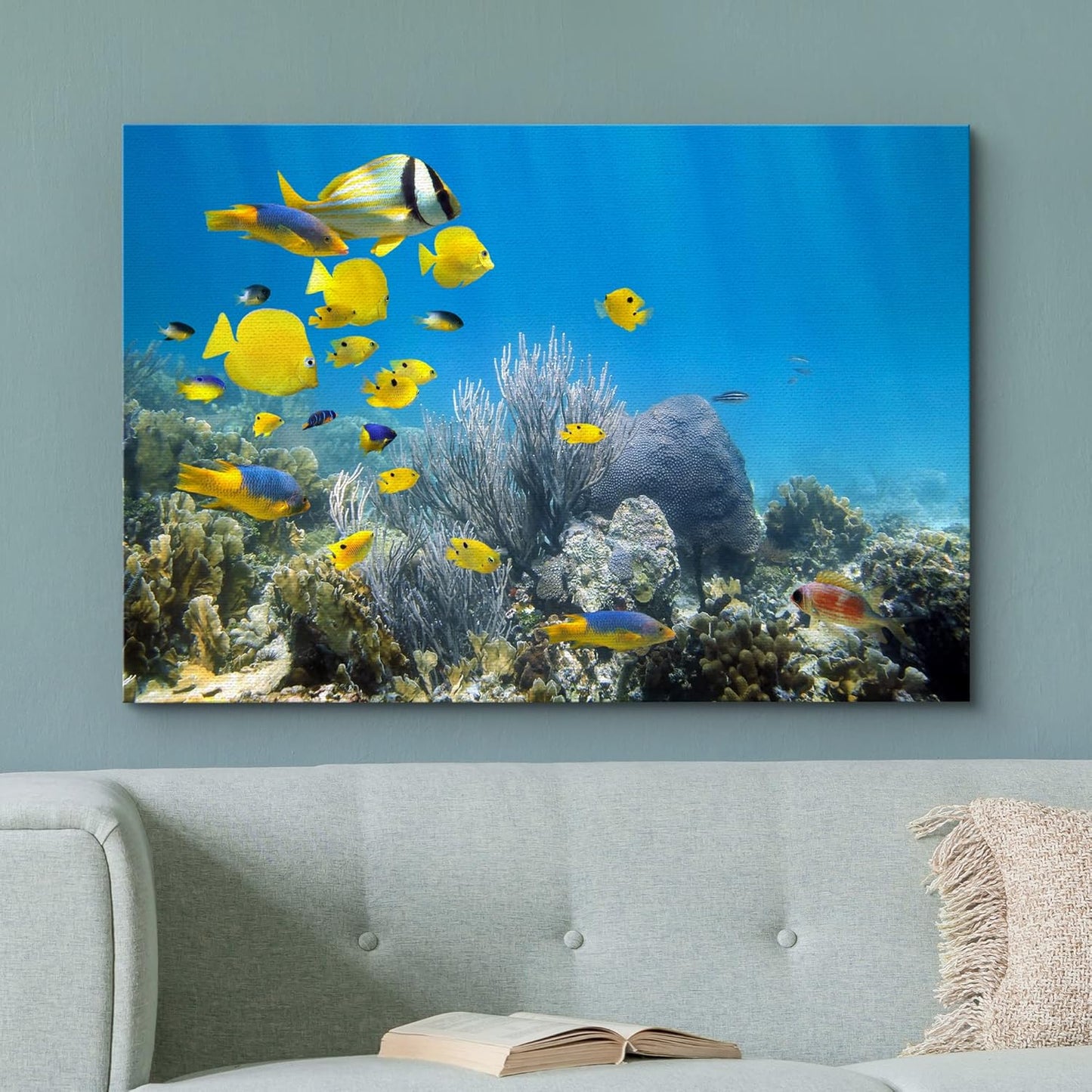 wall26 Canvas Print Wall Art Yellow School of Fish with Blue Coral Reef Nature Ocean Photography Realism Nautical Scenic Relax/Calm Multicolor Ultra for Living Room, Bedroom, Office - 32"x48"