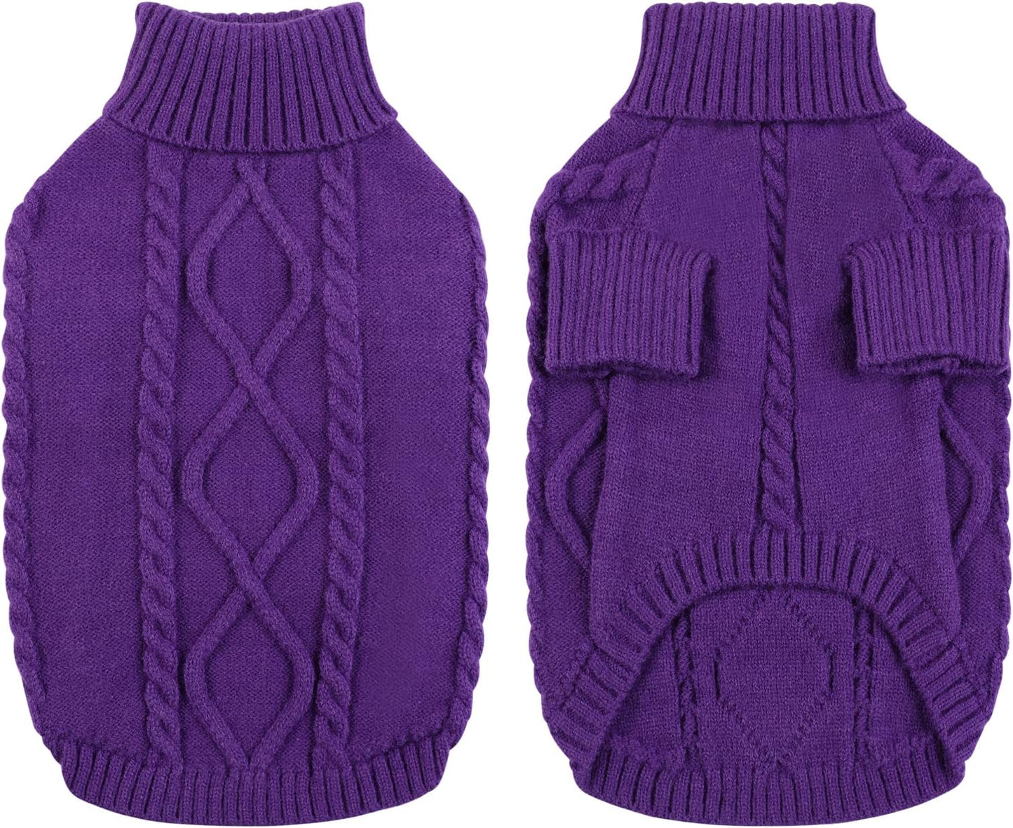 Queenmore Small Dog Pullover Sweater, Cold Weather Cable Knitwear, Classic Turtleneck Thick Warm Clothes for Chihuahua, Bulldog, Dachshund, Pug (Purple, X-Small)