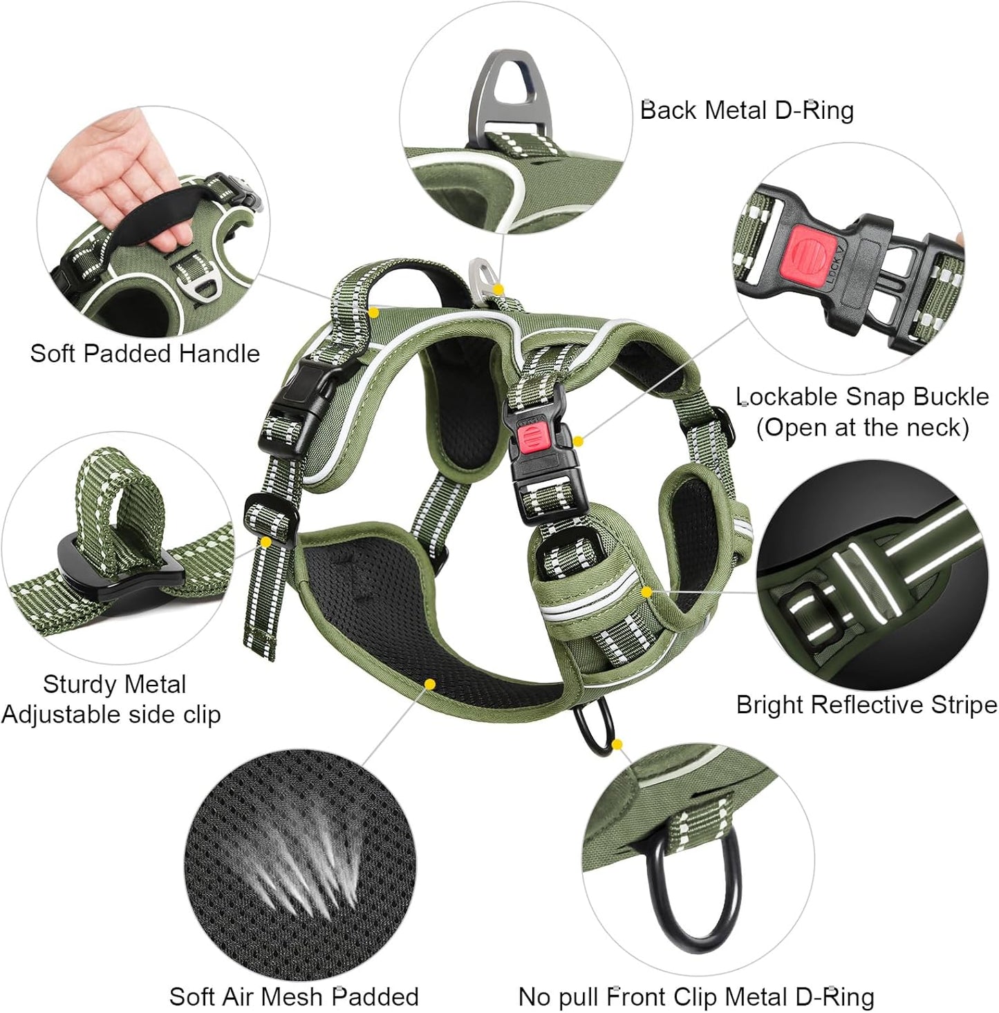 Timos Dog Harness Large Sized, No Pull Pet Harness with Neck Lockable Snap,No Choke Front Clip Dog Reflective Vest,Adjustable Metal Rings 3 Buckles,Easy Control Handle for Large Dogs Green XL