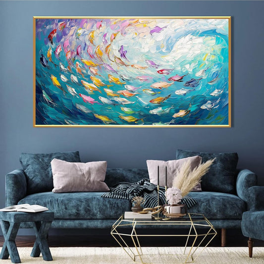 Fish Canvas Wall Art, Abstract School of Fish Canvas Wall Art, School of Fish Painting Canvas, School of Fish Wall Art, Fish Wall Decor, Fish Pictures Wall Decor, Bedroom Canvas Wall Decor (Gold Framed, 36"x20" | 92x52cm)