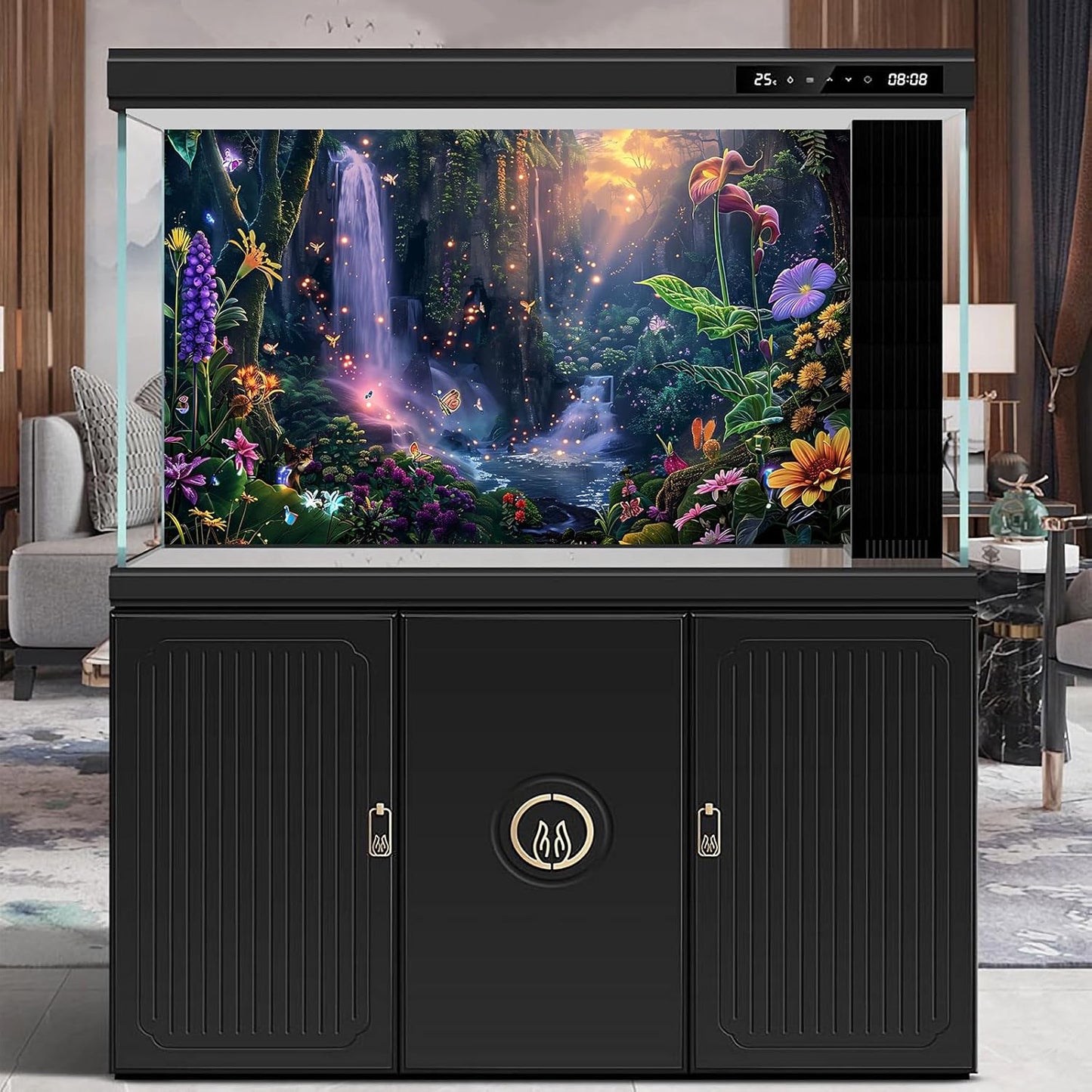 Fantasy Garden Aquarium Background Sunset Waterfall and Flowers Terrarium Backdrop Tropical Forest Lush Plant Magic Butterfly Lights Flowers Fish Tank Background Poster Decorations 36x20in