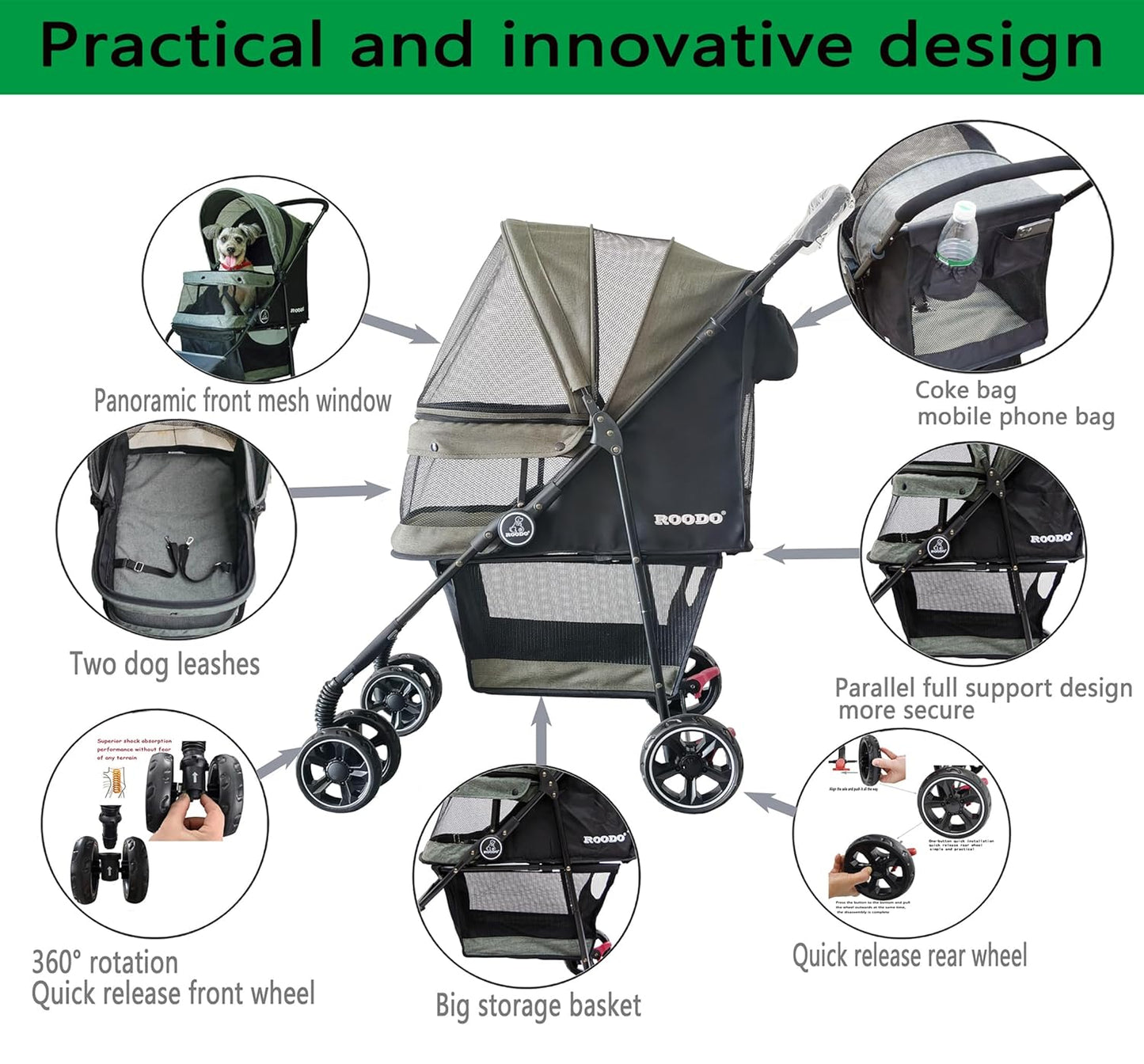 ROODO 4 Wheel Dog Cat Pet Stroller Best Lightweight Foldable Compact Portable Jogger All Terrain Travel Pet Gear Puppy Doggie Bunny Kitty Stroller for up to 30lbs Medium Small Dogs Cats(sage Green)