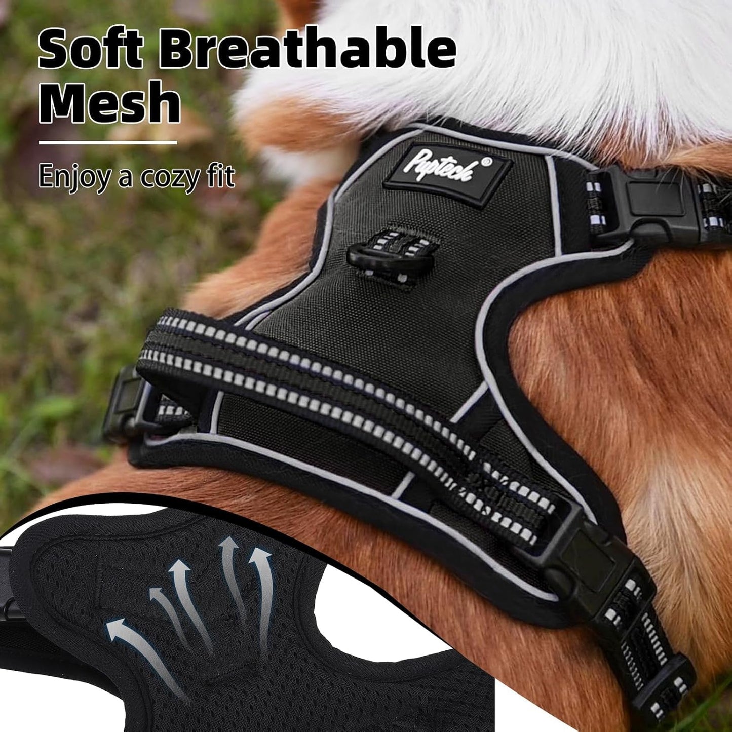 PUPTECK No Pull Dog Harness for Large, Adjustable Reflective Dog Harness with Handle Easy Control, Comfortable Soft Padded Pet Vest Harness for Extra Large Dogs, Black XL