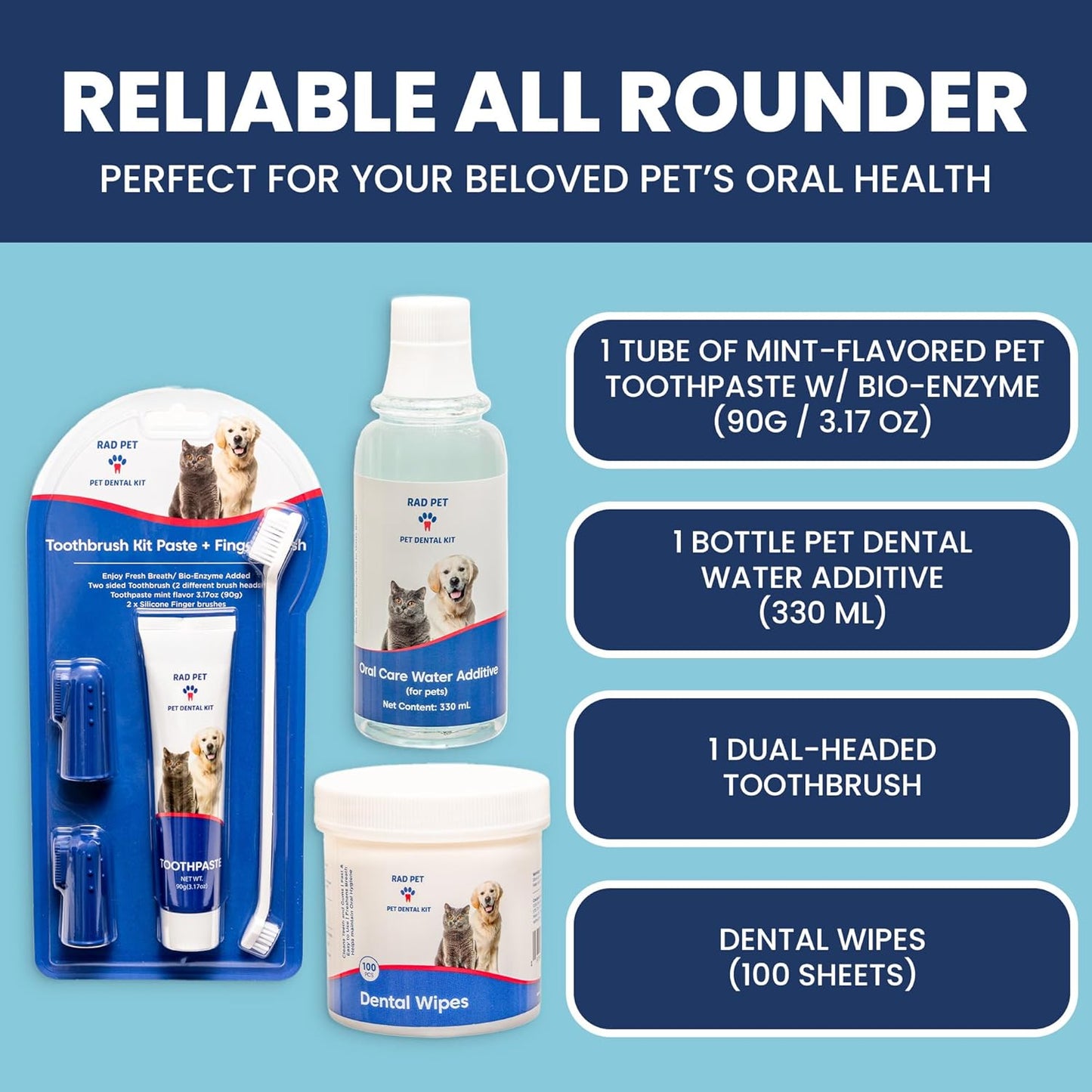 RAD PET - Advanced Pet Dental Hygiene Kit, Vet-Formulated Cat & Dog Tooth Brushing Kit, Complete Oral Care with Cat/Dog Toothbrush and Toothpaste (Enzymatic), Pet Dental Wipes & Water Additive