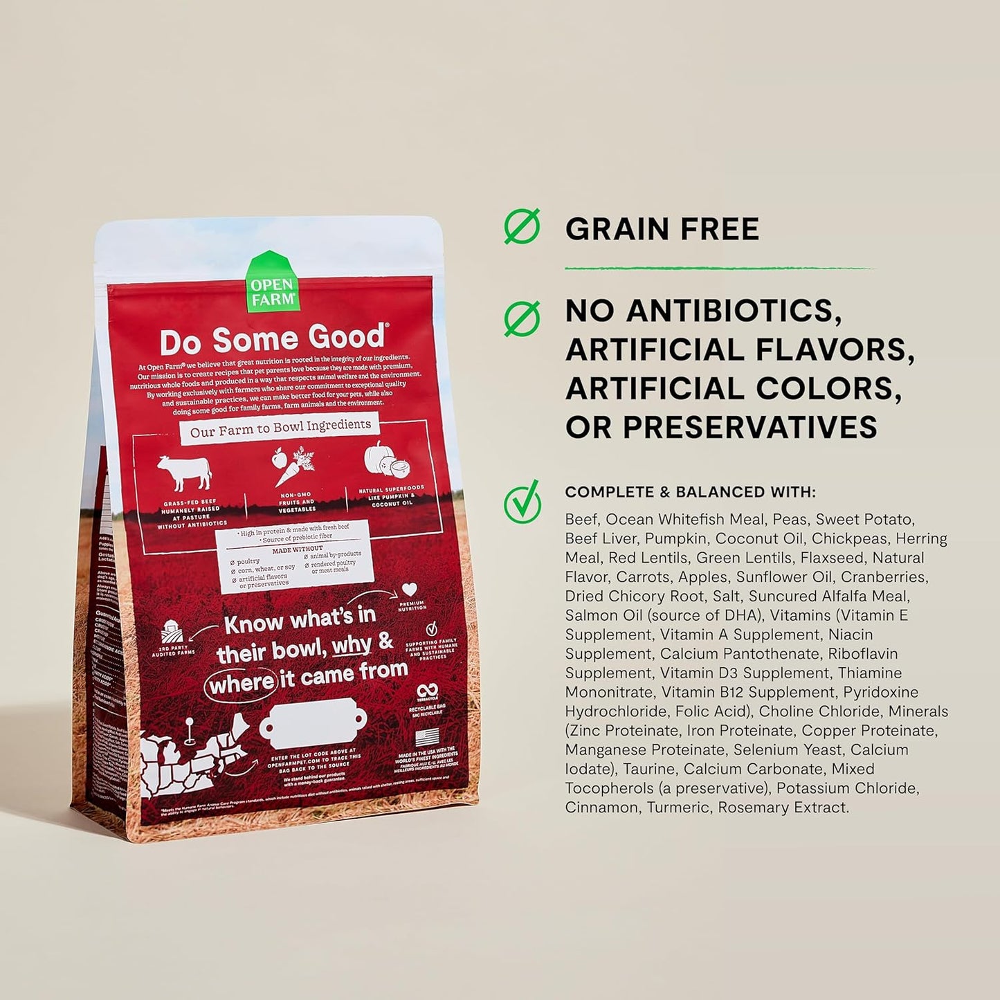 Open Farm, Grain-Free Dry Dog Food, Complete & Balanced Kibble, Sustainably & Ethically Sourced Ingredients, Non-GMO Veggies & Superfoods to Support Overall Health, Grass-Fed Beef Recipe, 4lb Bag