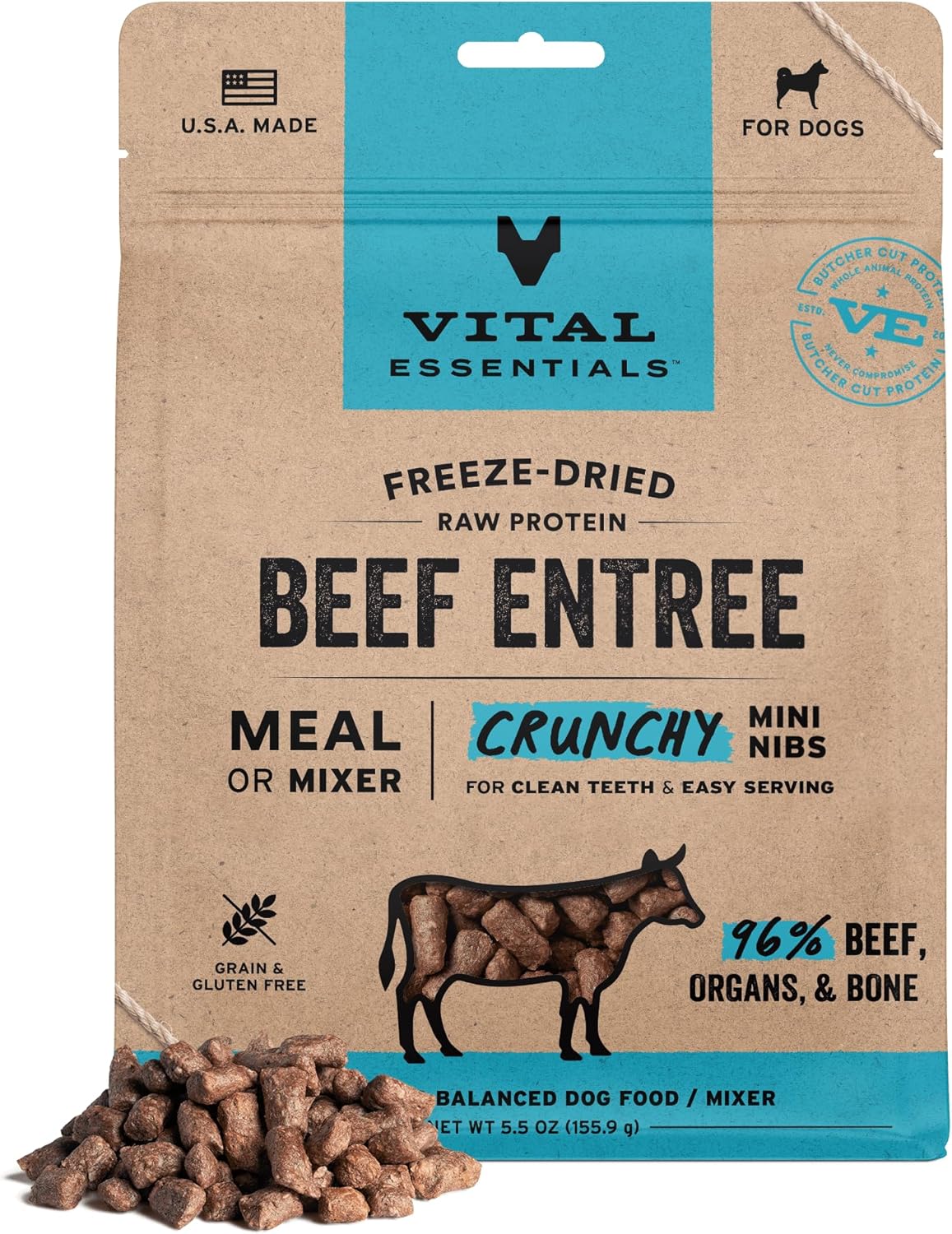 Vital Essentials Freeze-Dried Raw Beef Meal or Mixer Dog Food Crunchy Mini Nibs, 5.5 oz