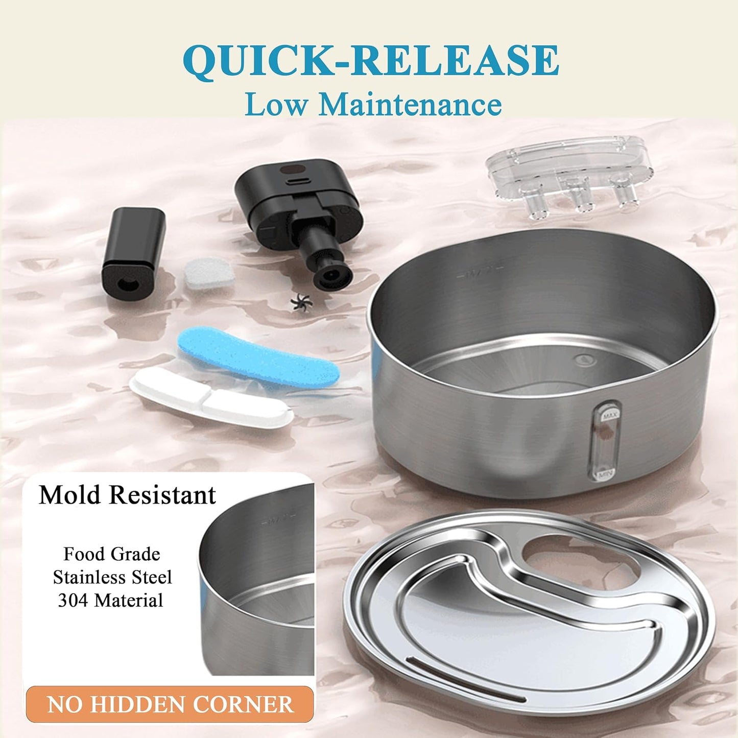 Pumpless Cat Water Fountain Stainless Steel Battery Operated, 108oz/3.2L Wireless Pet Water Fountain, Cordless Automatic Dispenser with 2 Replacement Filters for Cats, Dogs, Multiple Pets