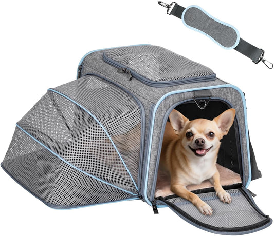 Petsfit Expandable Cat Carrier Dog Carriers,Airline Approved Soft-Sided Portable Pet Travel Washable Carrier for Kittens,Puppies,Removable Soft Plush mat and Pockets,Locking Safety Zippers