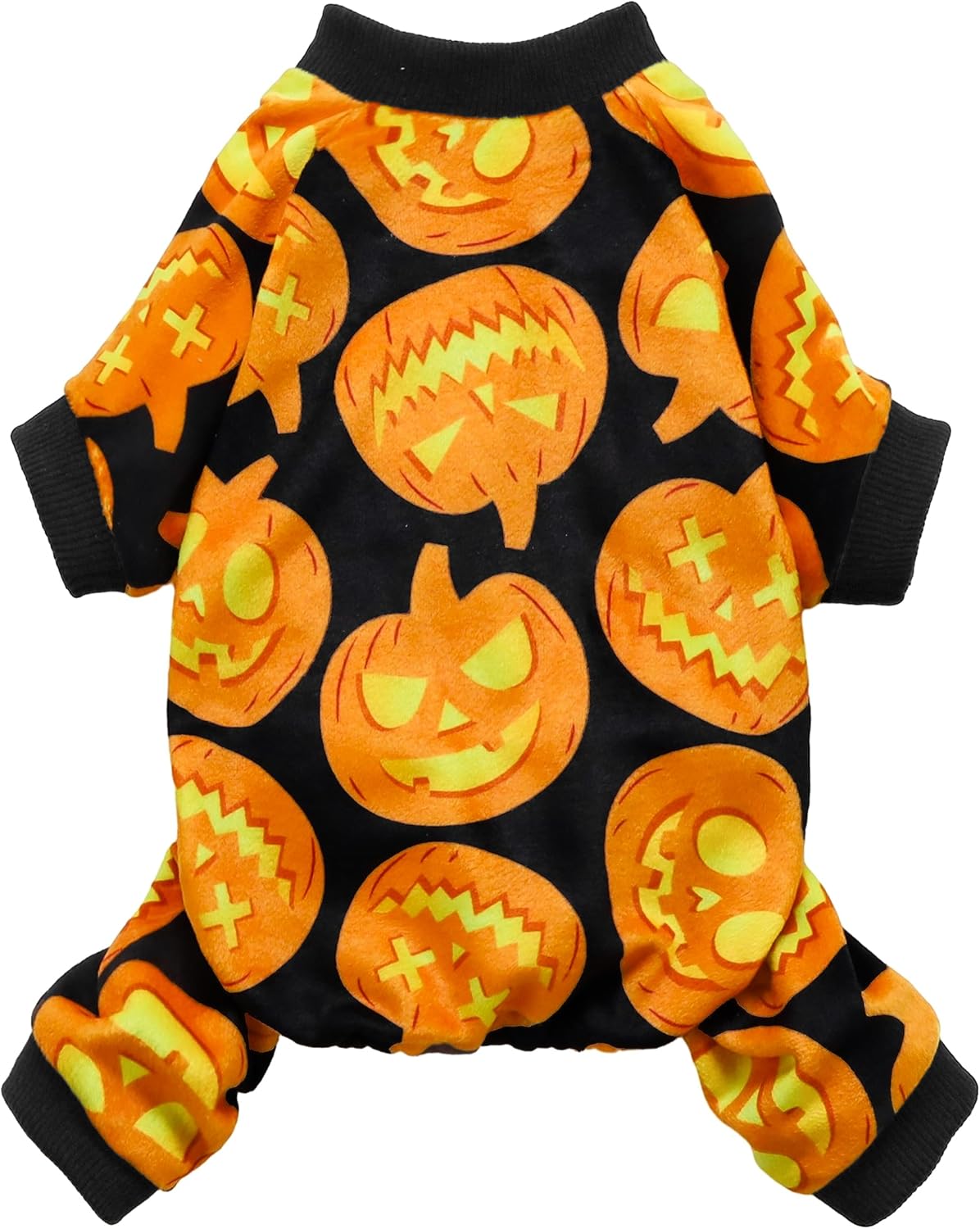 Fitwarm Halloween Pumpkin Dog Pajamas, Funny Dog Winter Clothes for Small Dogs Girl Boy, Pet Jumpsuit, Cat Halloween Costumes with Feet, Lightweight Velvet, Black, Orange, Large