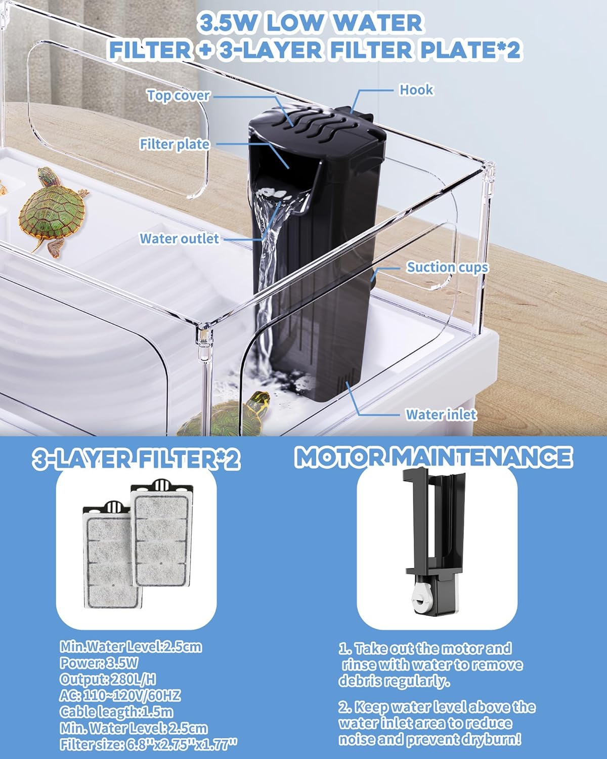 Small Turtle Tank Kit(Tank+Light+Filter), Acrylic Turtle Tank Starter Kit with Basking Platform, Bottom Drainage, Multi-Function Areas for Turtles, Crayfish, Small Reptiles.(White+Black)