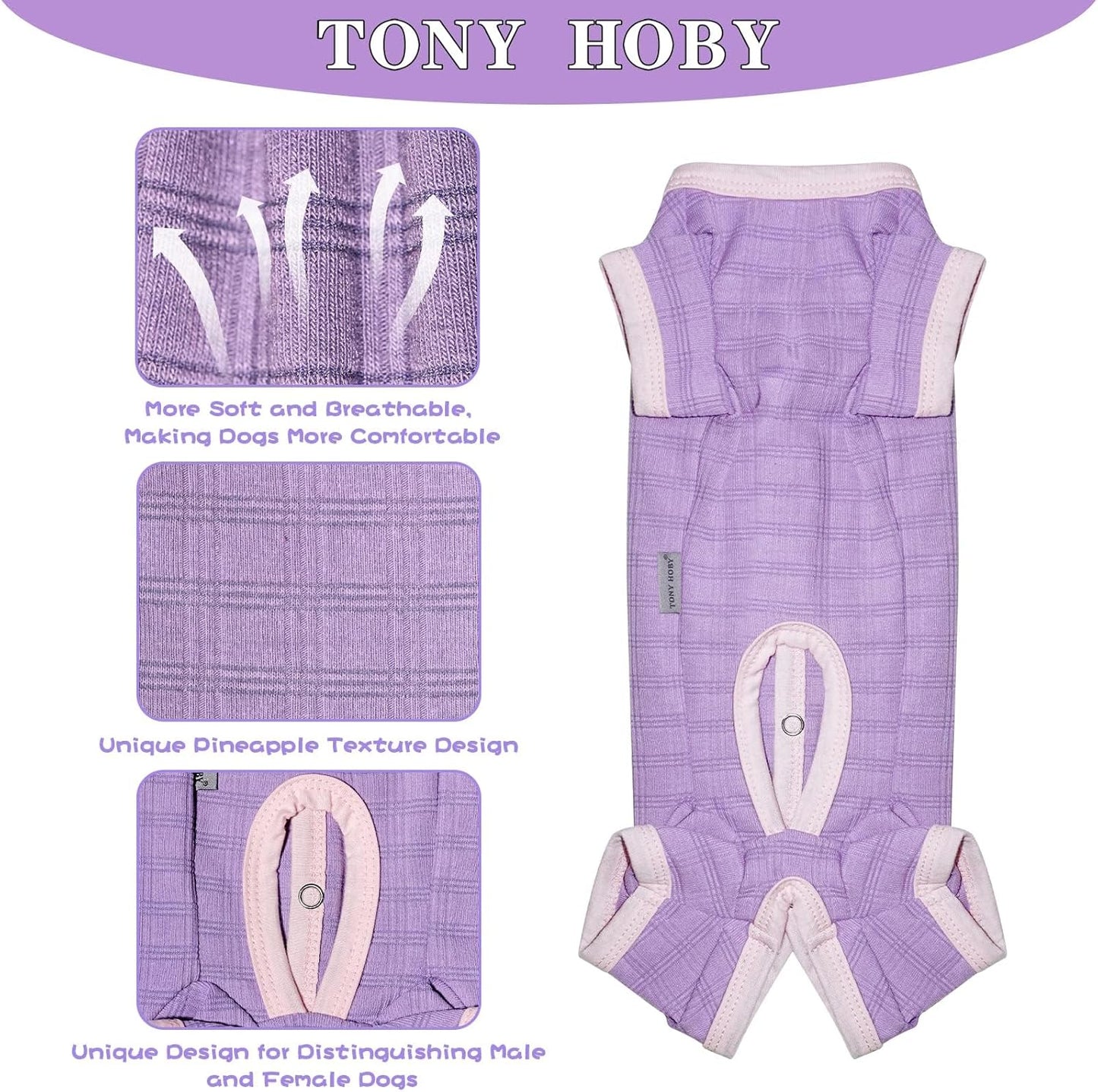TONY HOBY Dog Pajamas, Dog Recovery Suit After Surgery, Soft Dogs Jumpsuit Shirts for Small Medium Dogs (Purple, Boy, XL)