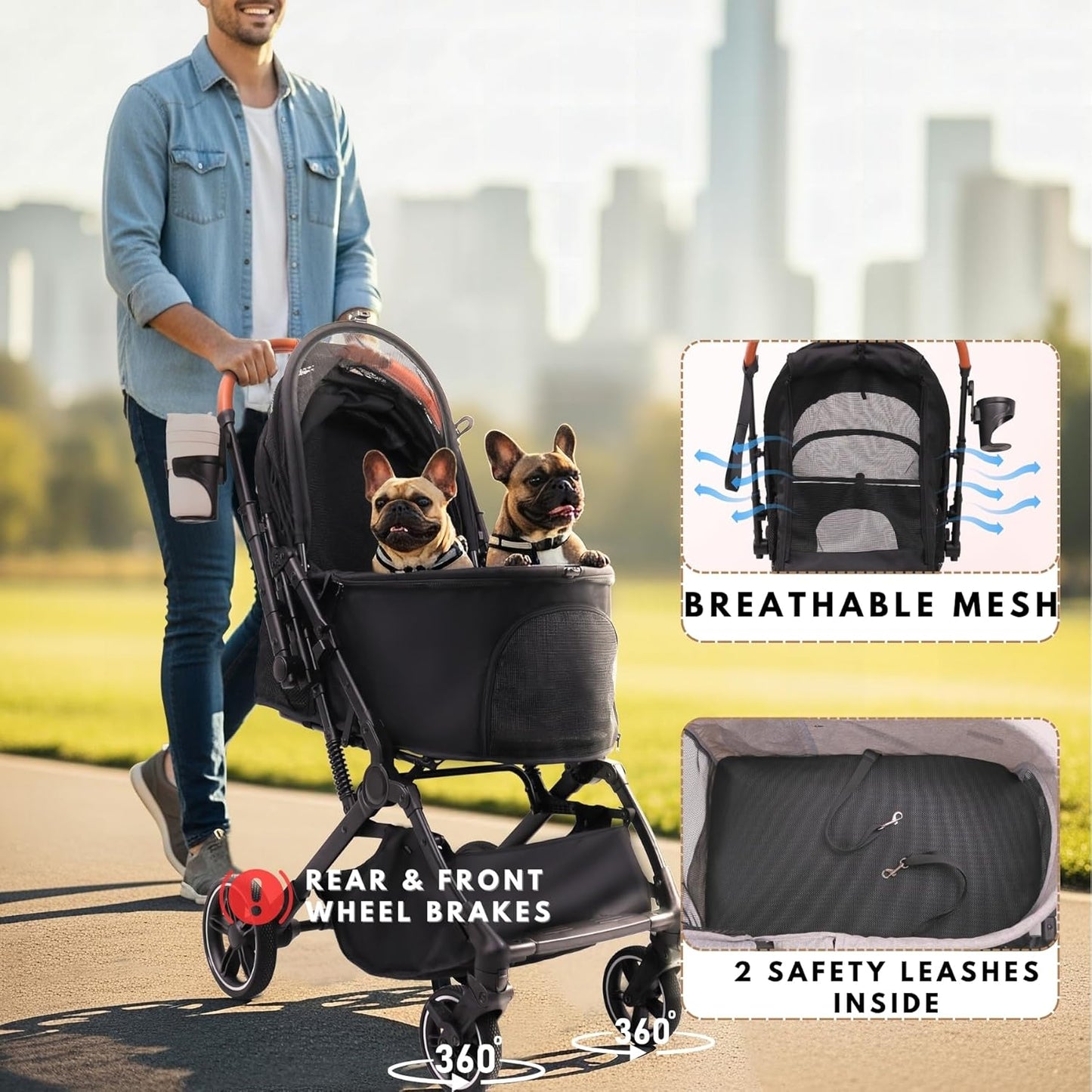 Pet Stroller for Small Medium Dogs Cats Up to 45 lbs, Travel Lite Collapsible, All Terrain 4 Wheels for Jogging, Running, Black