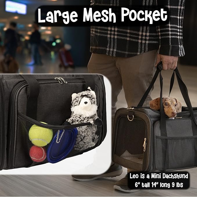 Pet Carrier with Wheels | United Delta American Frontier Airline Approved | Two Expandable Sides, Storage Pockets Adjustable Leash | Rolling Dog and Cat Carrier TSA Compliant (Charcoal)