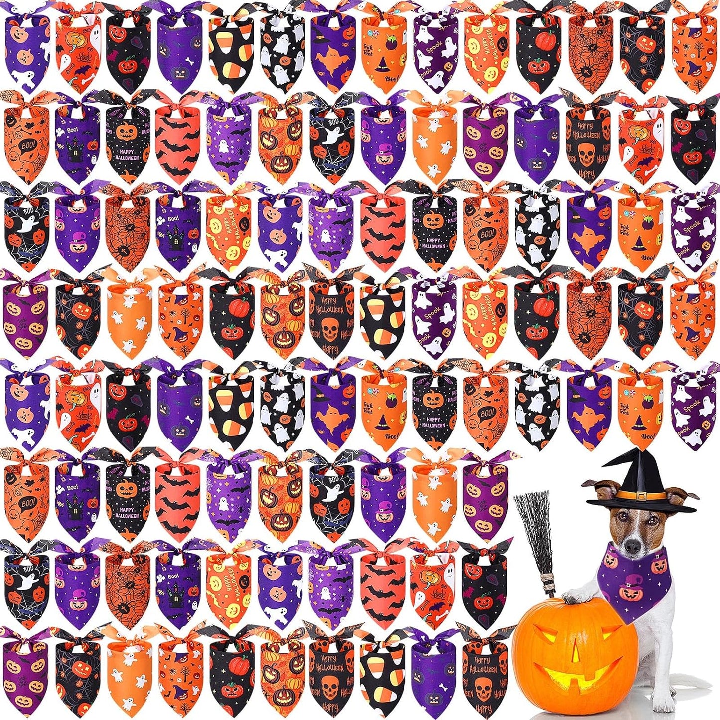 Abbylike 100 Pcs Halloween Dog Bandanas Bulk Pumpkin Bandanas for Dogs Triangle Kerchief Bibs Scarf Set for Pet Halloween Costume Photo Props Accessories Pet Shops, 25 Styles (25.6 x 17.7 x 17.7)
