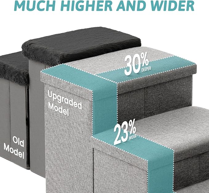 Dog Stairs with Storage, 3-Step Wider Sturdy Dog Steps for Small/Medium/Large Dogs and Older Cats, Folding Doggie Ramp for Bed/Couch/Car Hold Up to 180 lbs (16.7" H, Beige)