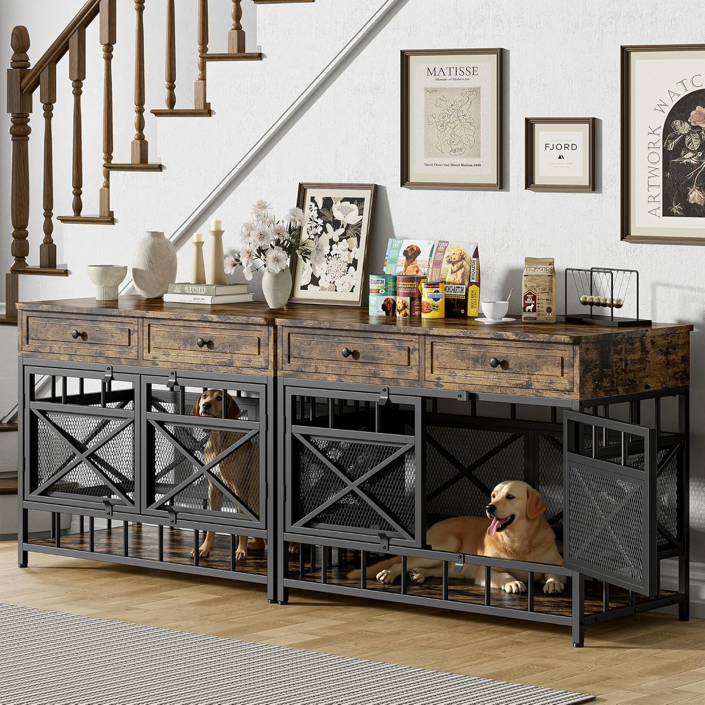 IRONCK 44 inch Large Dog Crate Furniture, Wooden Dog Kennel with Storage Drawers for Medium/Large Dogs, Decorative Dogs Kennel Indoor, Rustic Brown