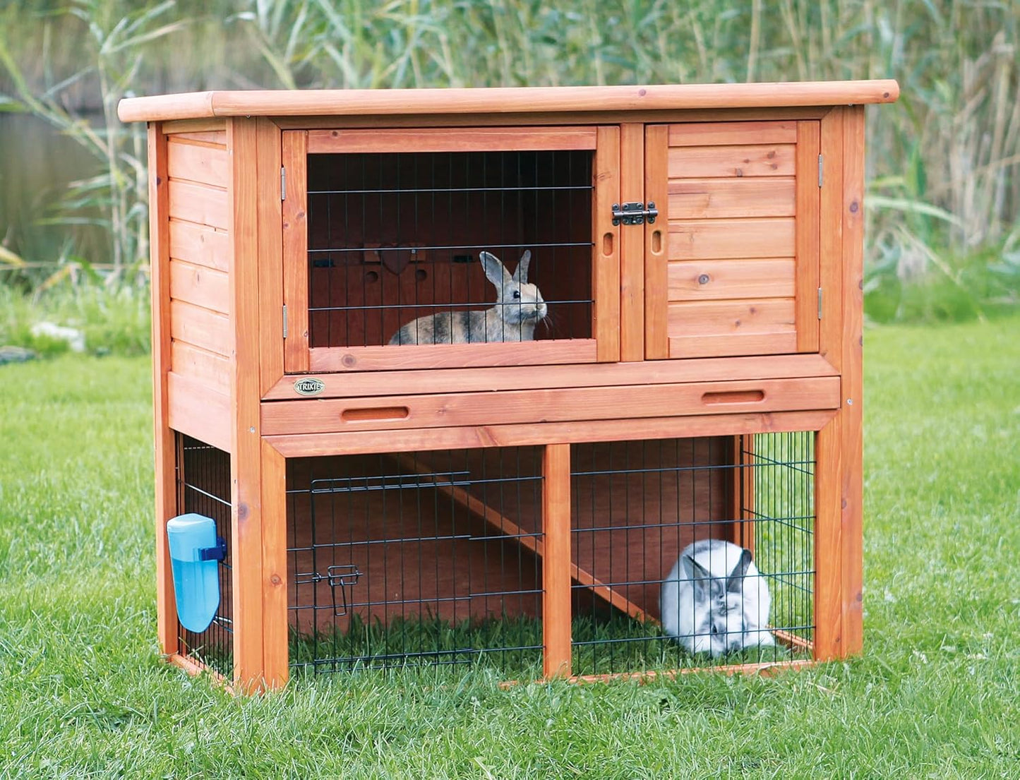 TRIXIE natura Outdoor Rabbit Hutch with Run - 2-Story Rabbit Cage with Non-Slip Ramp - Large Elevated Small Animal House with Secure Playpen, Hinged Roof & Pull-Out Tray - in Brown
