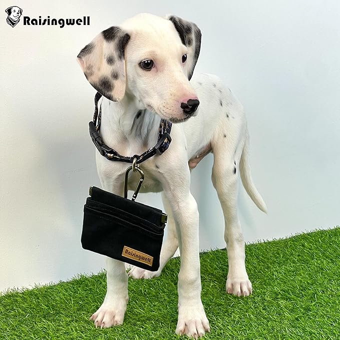 Dog Treat Pouch, Black Pocket Sized Pet Training Pouch, Cotton Fabric, Hand Free Dog Walking Bag with Carabiner, Self-Closing Pet Feed Snack Reward, for Pet Puppy Travel or Outdoor Use