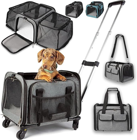 Pet Carrier with Wheels | United Delta American Frontier Airline Approved | Two Expandable Sides, Storage Pockets Adjustable Leash | Rolling Dog and Cat Carrier TSA Compliant (Grey)