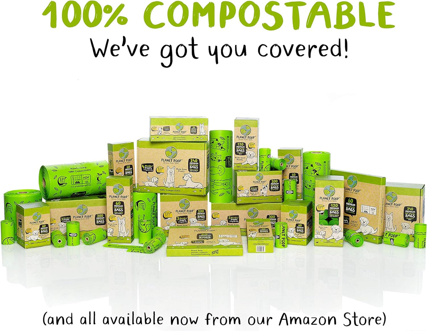 PLANET POOP Home Compostable Dog Poop Bags, Large Single Roll 300 Grab & Go, for Dogs Un-Scented Dog Waste Bags, Thick Leakproof Doggy Cat Bag, Plant-Based Pet Supplies