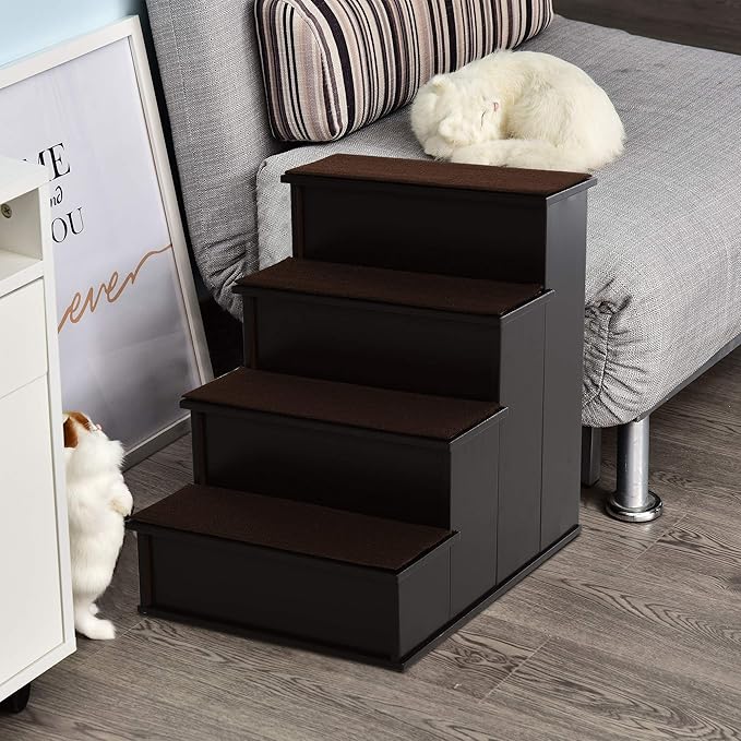 PawHut Pet Stairs, Small Pet Steps with Cushioned Removable Covering for Dogs and Cats Up to 22 lbs, Brown
