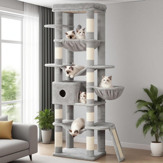 Hey-brother Cat Tree, 69.3-Inches Multi-Level Plush Cat Tower for Indoor Cats with Large Top Perch, Extra Spacious Hammock, 2 Hammocks Ramp, Hanging Ball, Light Gray MPJ037W