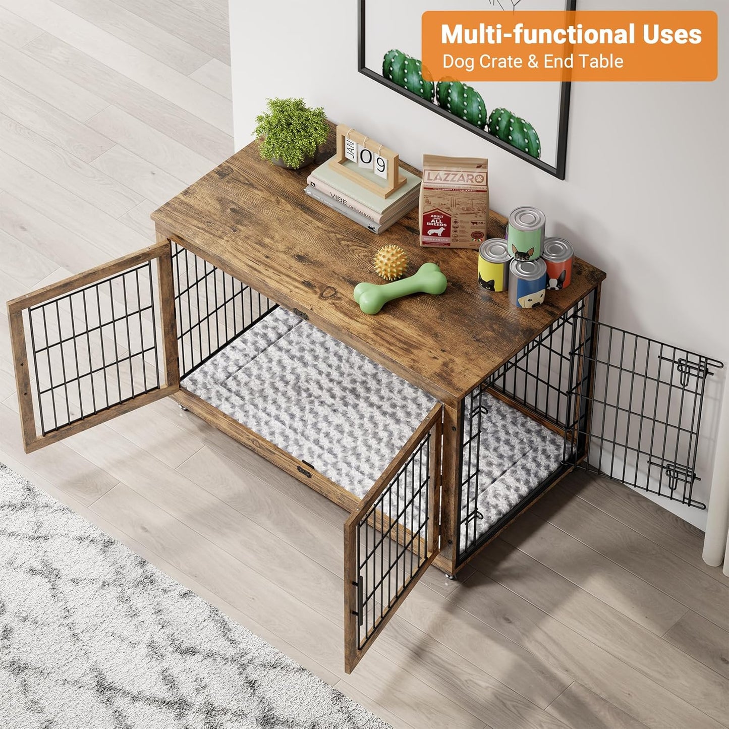 Lulive Dog Crate Furniture, XL Wooden Dog Kennel Indoor Double Doors Dog Cage, 44'' Heavy Duty Dog Crate with Cushion & Wheels, Decorative End Table Pet House Chew-Resistant for Large Dogs, Brown