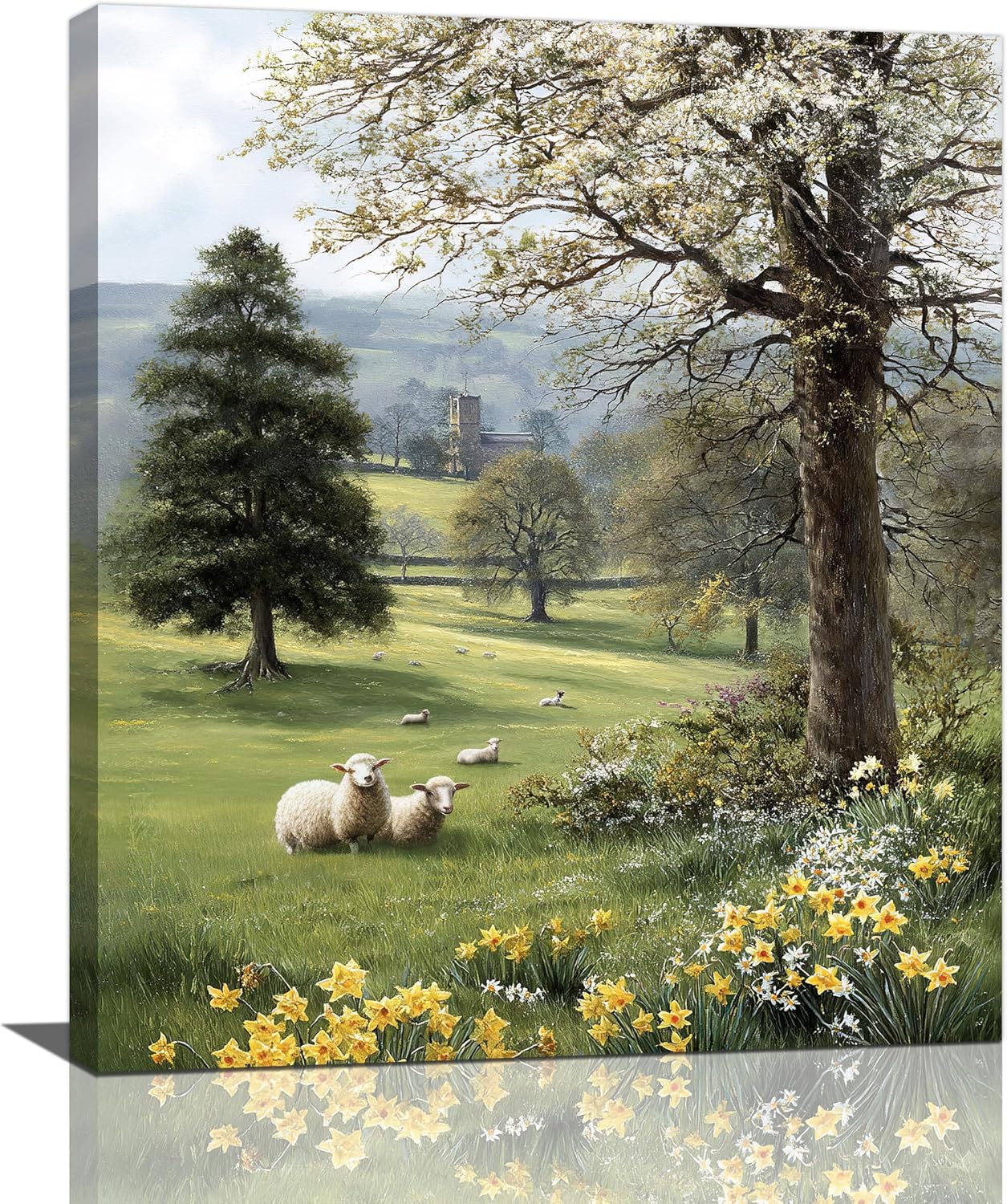 Country Sheep Canvas Wall Decor Farmhouse Rustic Lamb Wildflower Wall Art Nature Countryside Landscape Pictures Painting Print Framed Artwork Decorations for Bathroom Living Room Bedroom 24"x20"