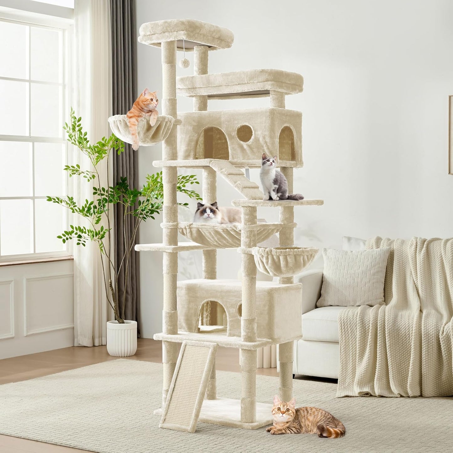 Cat Tree, 80-Inch Large Cat Tower with 9 Scratching Posts, 2 Perches, 2 Caves, 2 Basket, 2 Stairs, Extra Large Hammock, Pompoms, Multi-Level Plush Cat Condo for Indoor Cats/Beige