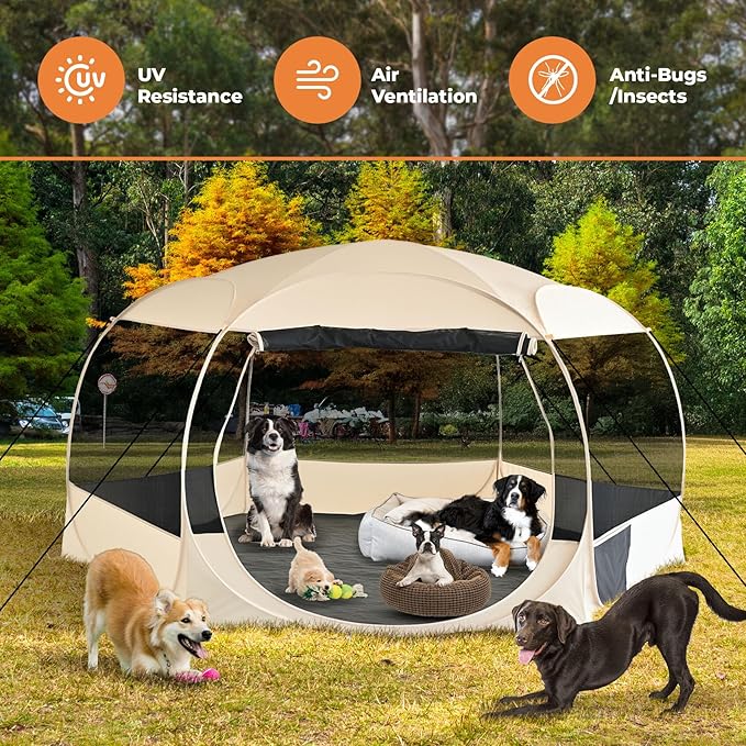 EighteenTek XXLarge Popup Portable Dog Houses, 10'x4.8'H Assembly-Free Gazebo-Style Dog Cot Cat Playpen Screen Pet Tent Sun Shade Shelter Dog Bed with Canopy for Outdoor Anti-Bugs with Leakproof Floor