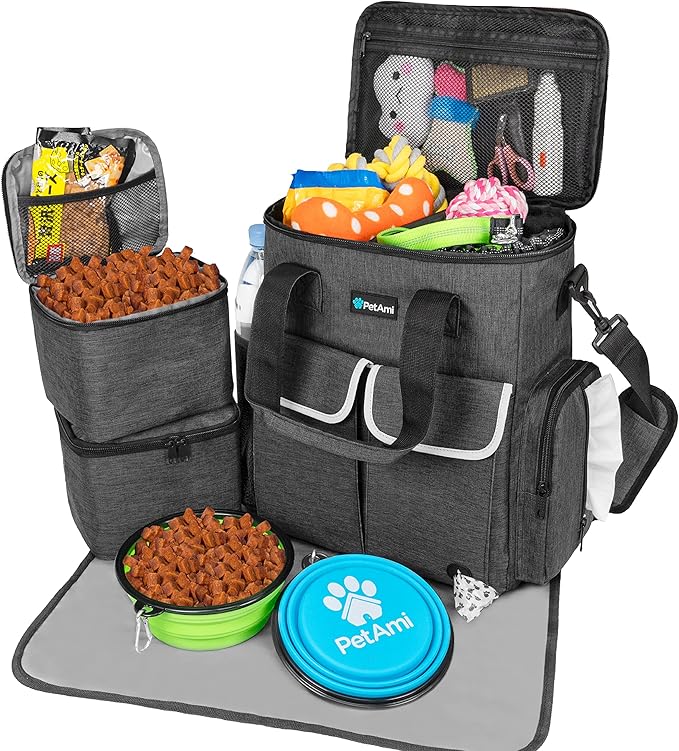 PetAmi Dog Travel Bag Pet Supplies Accessories Organizer for Traveling, Camping, Weekend; Cat Pet Travel Bag Kit Includes 2 Food Storage Containers, 2 Collapsible Bowls, 1 Feeding Mat (Dark Gray)