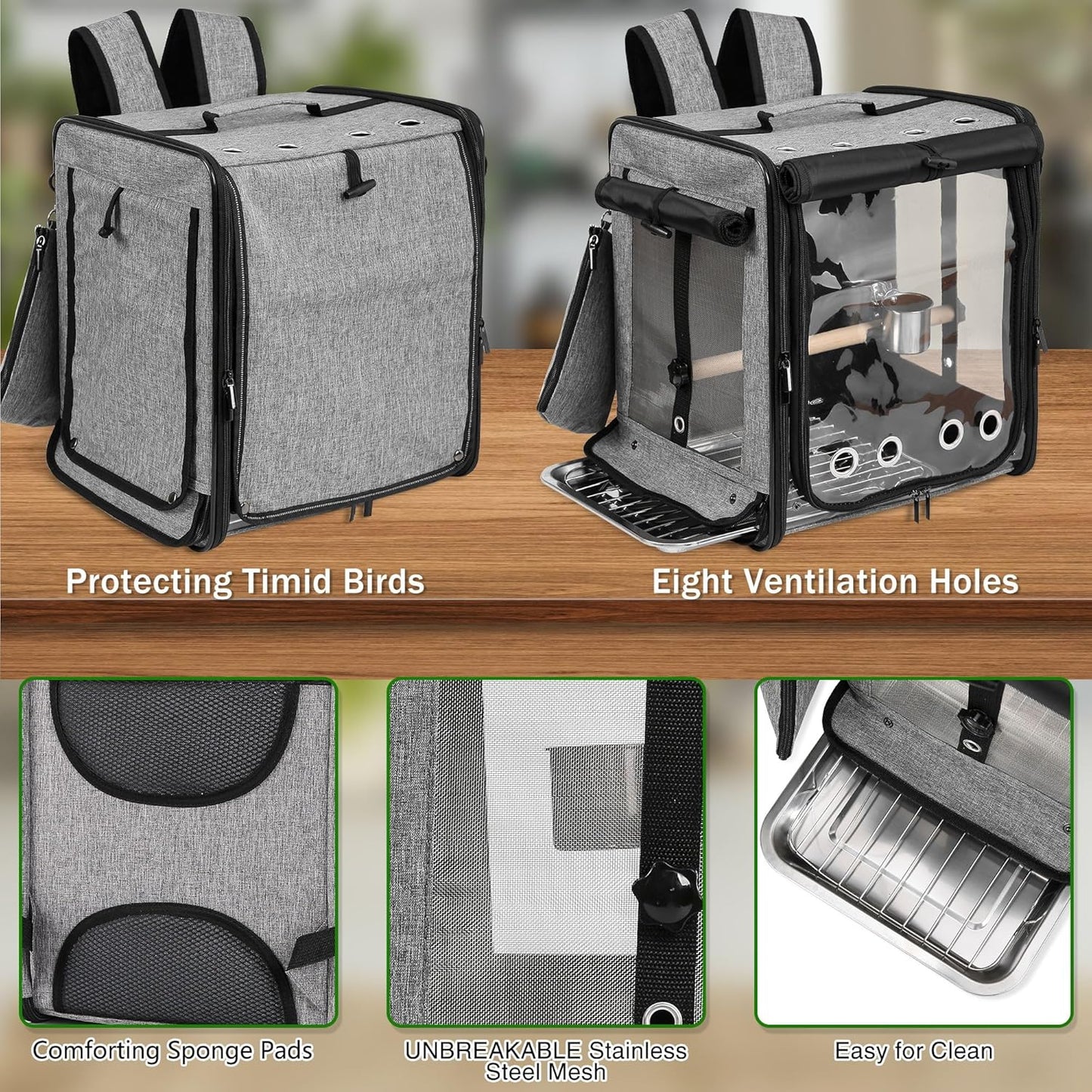 Suertree Bird Carrier with Seat Belt for Car Travel, Bird Backpack Carrier with Indestructible Stainless Steel Mesh, Large Bird Carrier Travel Cage, Grey