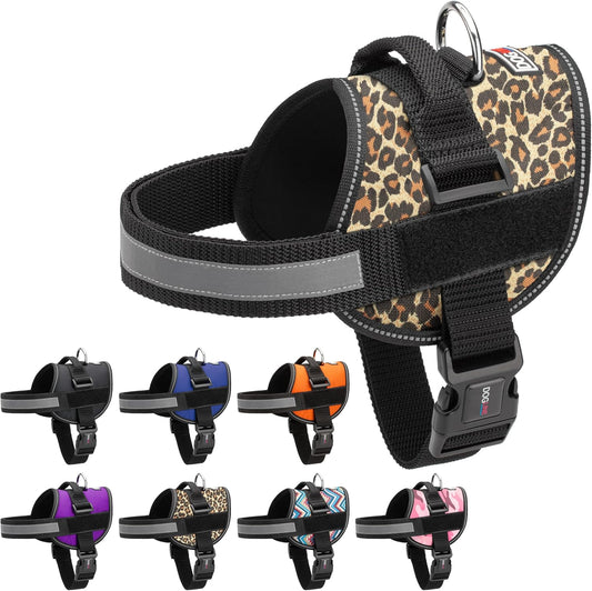Dogline Dog Harness, Reflective No-Pull Adjustable Vest with Handle for Walking, Training, Breathable, No - Choke Harness for Small, Medium or Large Dogs Room for Patches Leopard Brown M 22"-28"