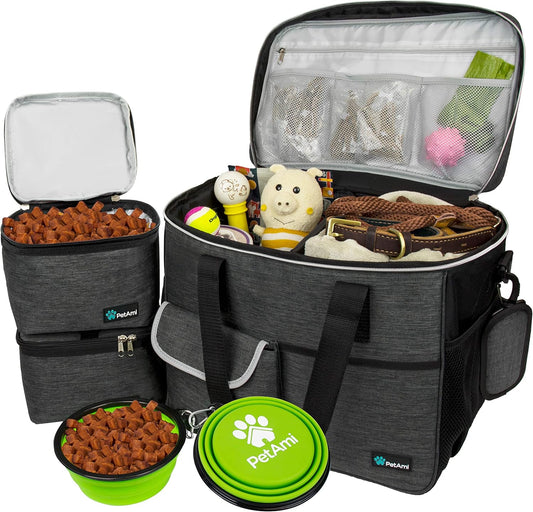 PetAmi Dog Travel Bag - Organizer with Food Container and Bowls, Supplies for Weekend Camping, Cat Diaper Bag (Charcoal, Large)