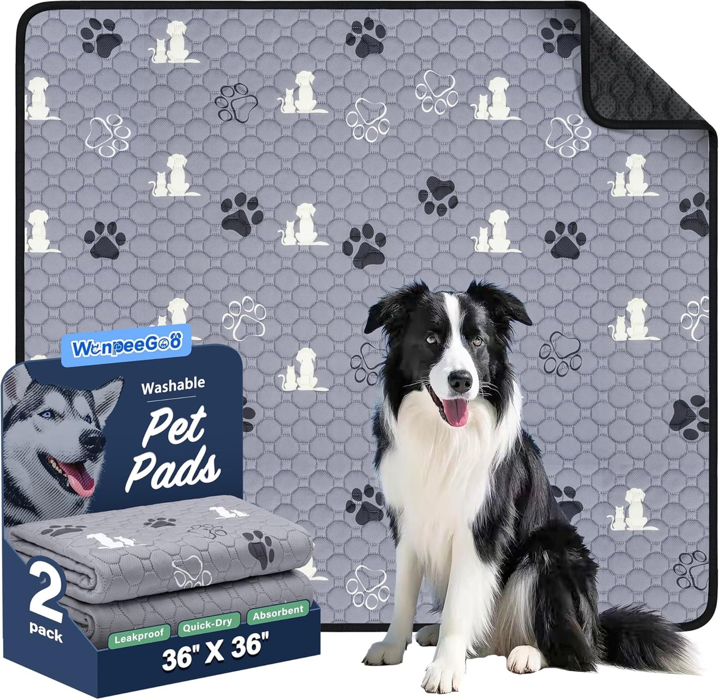Washable Pee Pads, Puppy Pee Pad for Dogs, 2 Pack Absorbent Reusable Training Dog Pads Pet Puppy Pads, Non-Slip Potty Pads for Whelping, Playpen, Crate, Bed, Grey 36"x36"