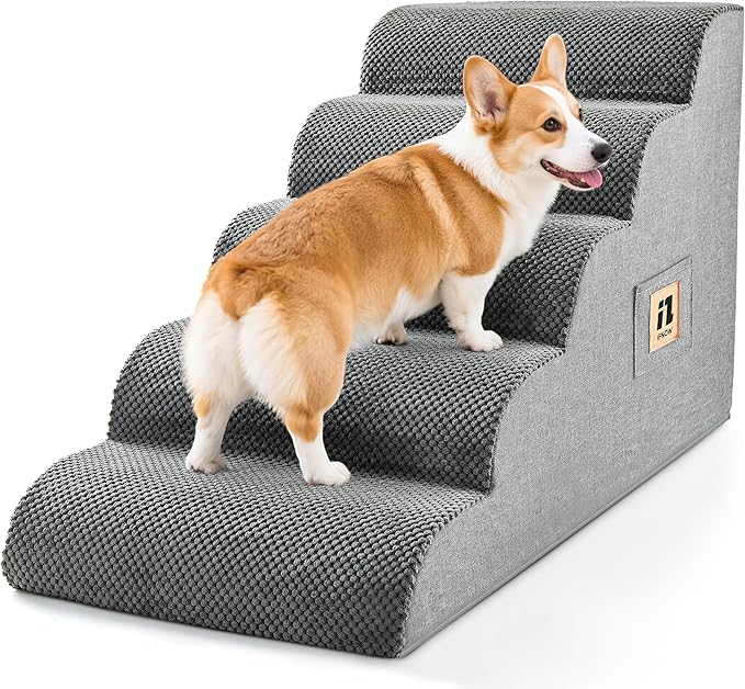 IFNOW Dog Stairs for Small Medium Dogs and Cats 19.7" H, 5-Step Studry Dog Steps for Bed, Couch, High Density Foam Pet Stairs for Dogs to Get on Bed, Non-Slip Balanced Curved Indoor Pet Ramp, Grey