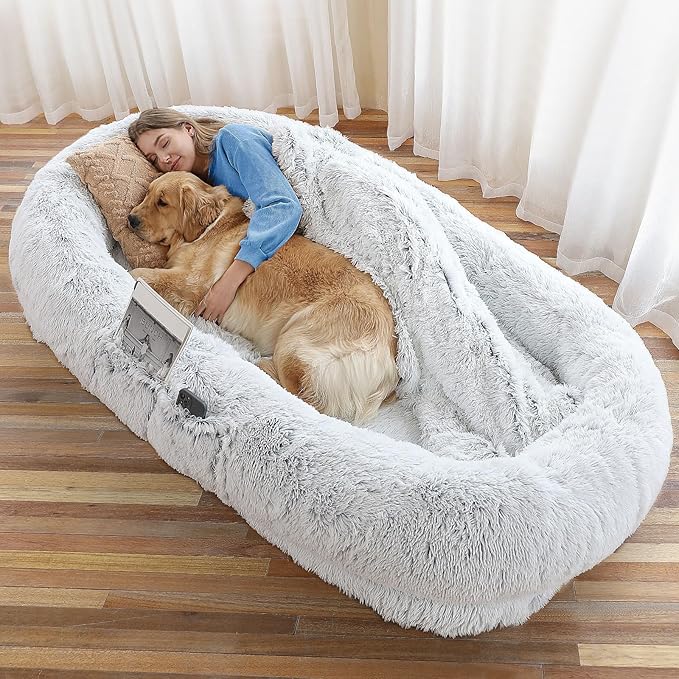 Human Dog Bed - 71"x45"x12" Fits You & Pets, Washable Faux Fur, Orthopedic, Plump Pillow, Blanket, Strap - Grey