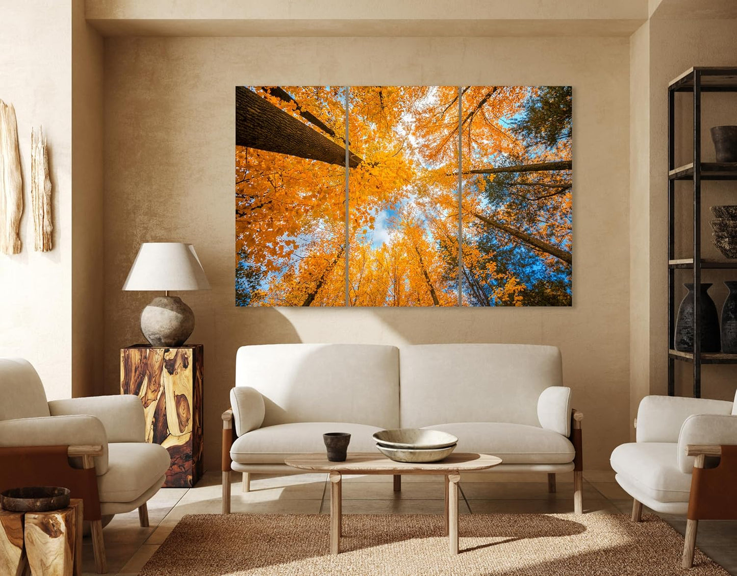 Nature Wall Art Prints - Ocean Forest Mountain Lake Canvas Landscapes - Small to Extra Large Living Room Bedroom Kitchen Bathroom Décor (Blue Sky Through Yellow Autumn Trees, 39L" x 59W" - 3 Panels)