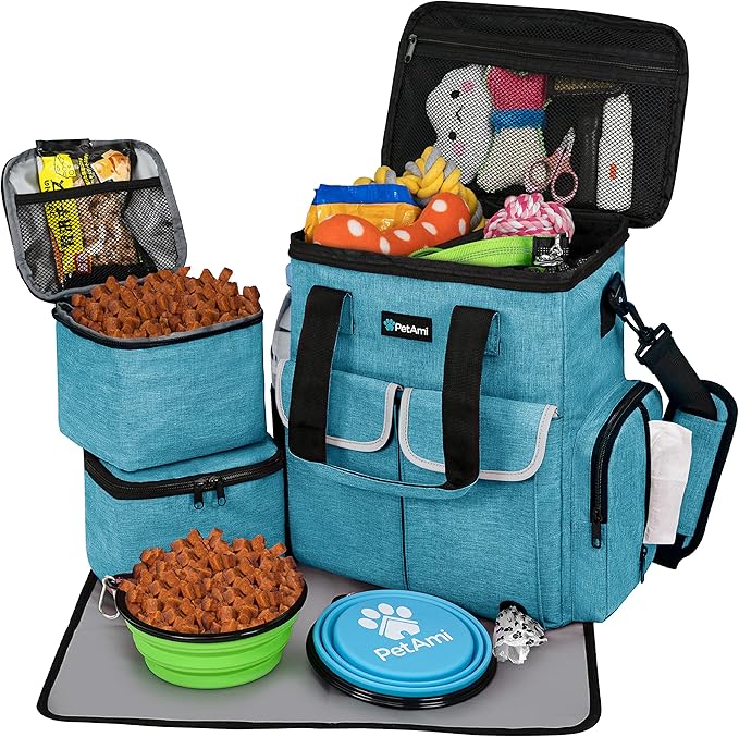 PetAmi Dog Travel Bag Pet Supplies Accessories Organizer for Traveling, Camping, Weekend; Cat Pet Travel Bag Kit Includes 2 Food Storage Containers, 2 Collapsible Bowls, 1 Feeding Mat (Teal Blue)