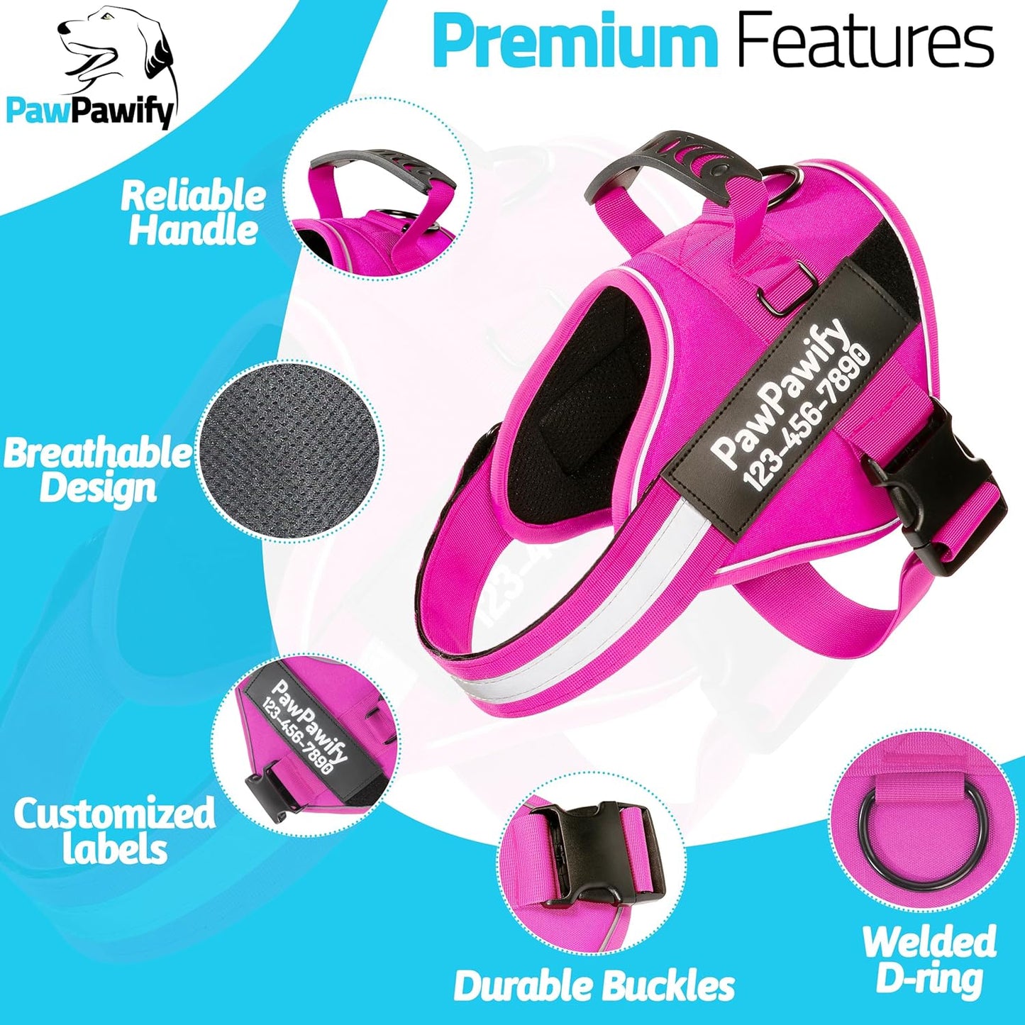 PawPawify Custom No Pull Dog Harness with Name and Phone Number, Heavy Duty Personalized Pet Vest to Prevent Tugging, Pulling, or Choking, Training and Walking (New Pink, XL (60-85 LBS))