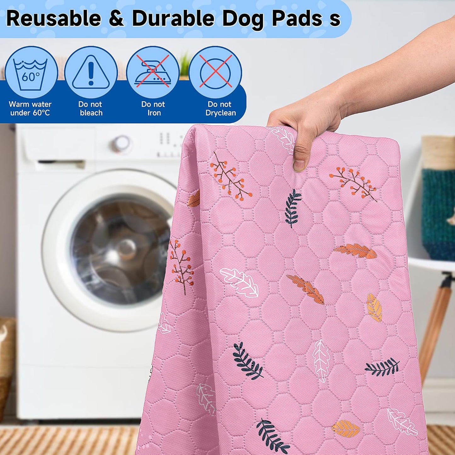 Sunheir Washable Pee Pads for Dogs 2-Pack Reusable Puppy Pads Pet Training Pads, Waterproof Dog Pee Pads for Crate, Whelping Pad, Non-Slip Protects Against Urine Leakage (Leaves - Pink, 18x24)