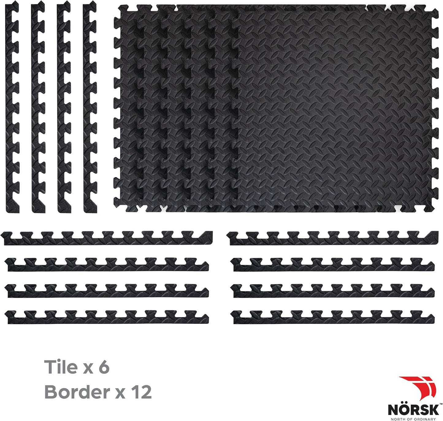 Norsk Foam Floor Gym Mats with Interlocking Tiles, .47" Thick, 24"x24", 36-Pack, 144 Square Feet, Diamond Plate Design, Black