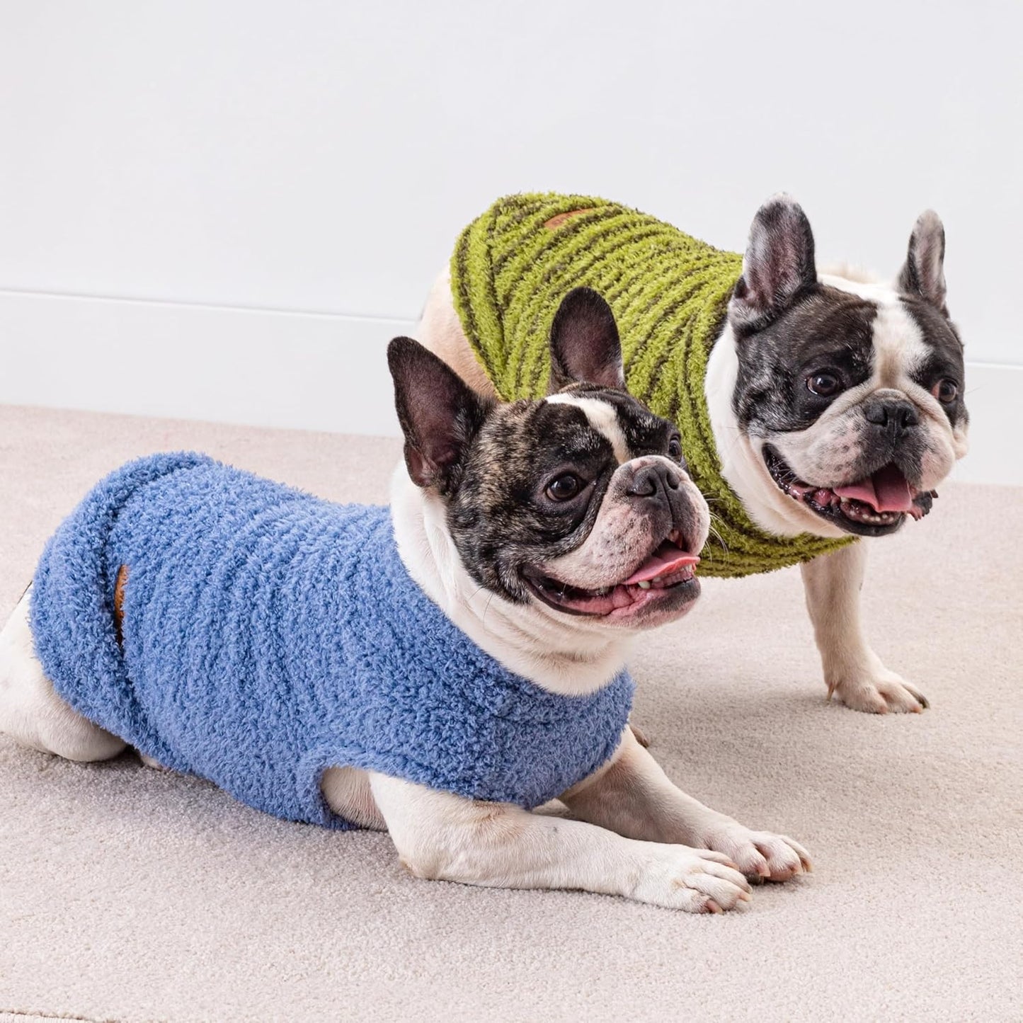 Fitwarm 2 Pack Striped Fleece Dog Sweater, Warm Winter Clothes for Small Dogs Boy Girl, Fuzzy Pet Outfit, Sky Blue, Olive Green, XS